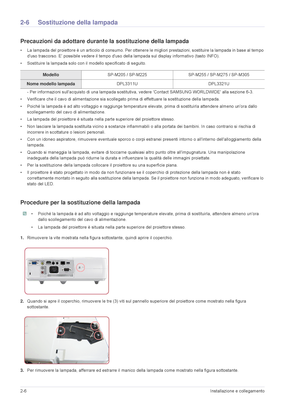 Samsung SP2553WWX/EN, SP2553XWX/EN manual Sostituzione della lampada, Procedure per la sostituzione della lampada, Modello 