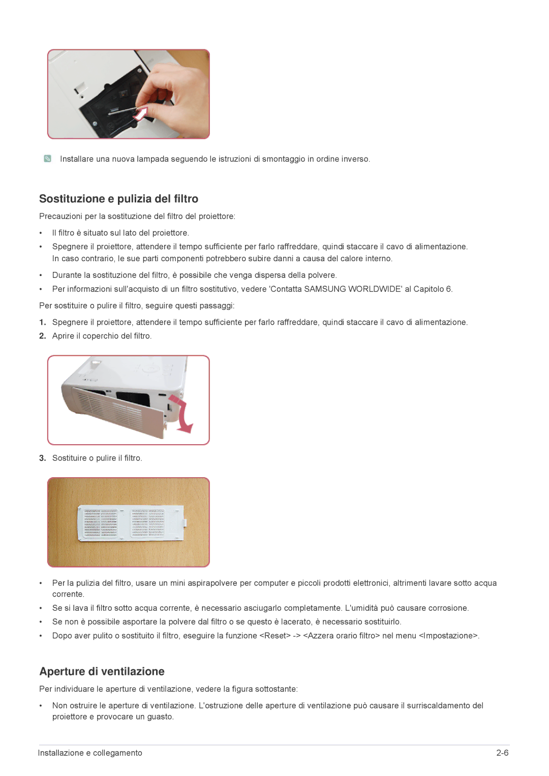 Samsung SP2553XWX/EN, SP2553WWX/EN manual Sostituzione e pulizia del filtro, Aperture di ventilazione 