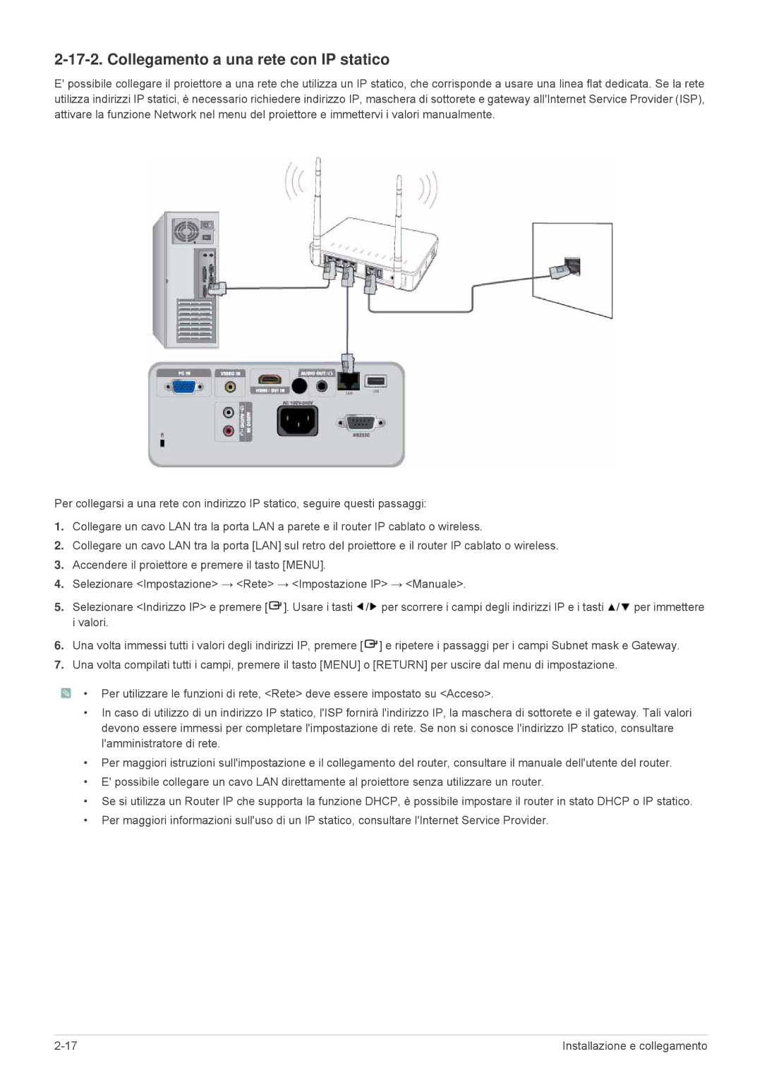 Samsung SP2553WWX/EN, SP2553XWX/EN manual Collegamento a una rete con IP statico 