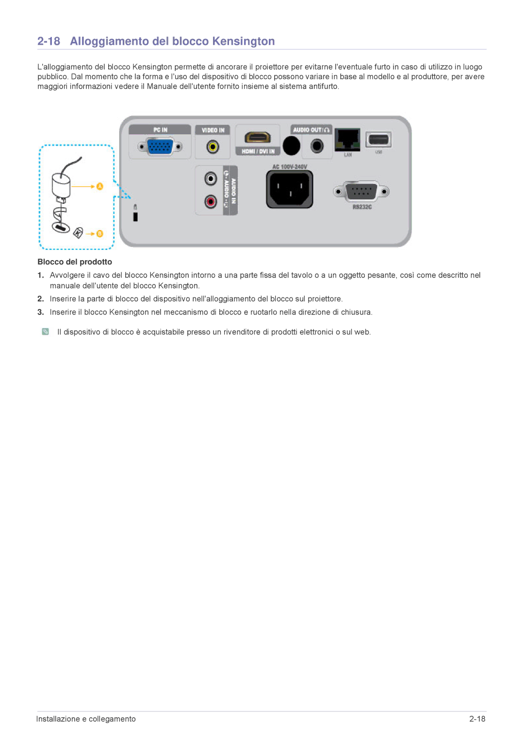 Samsung SP2553XWX/EN, SP2553WWX/EN manual Alloggiamento del blocco Kensington, Blocco del prodotto 