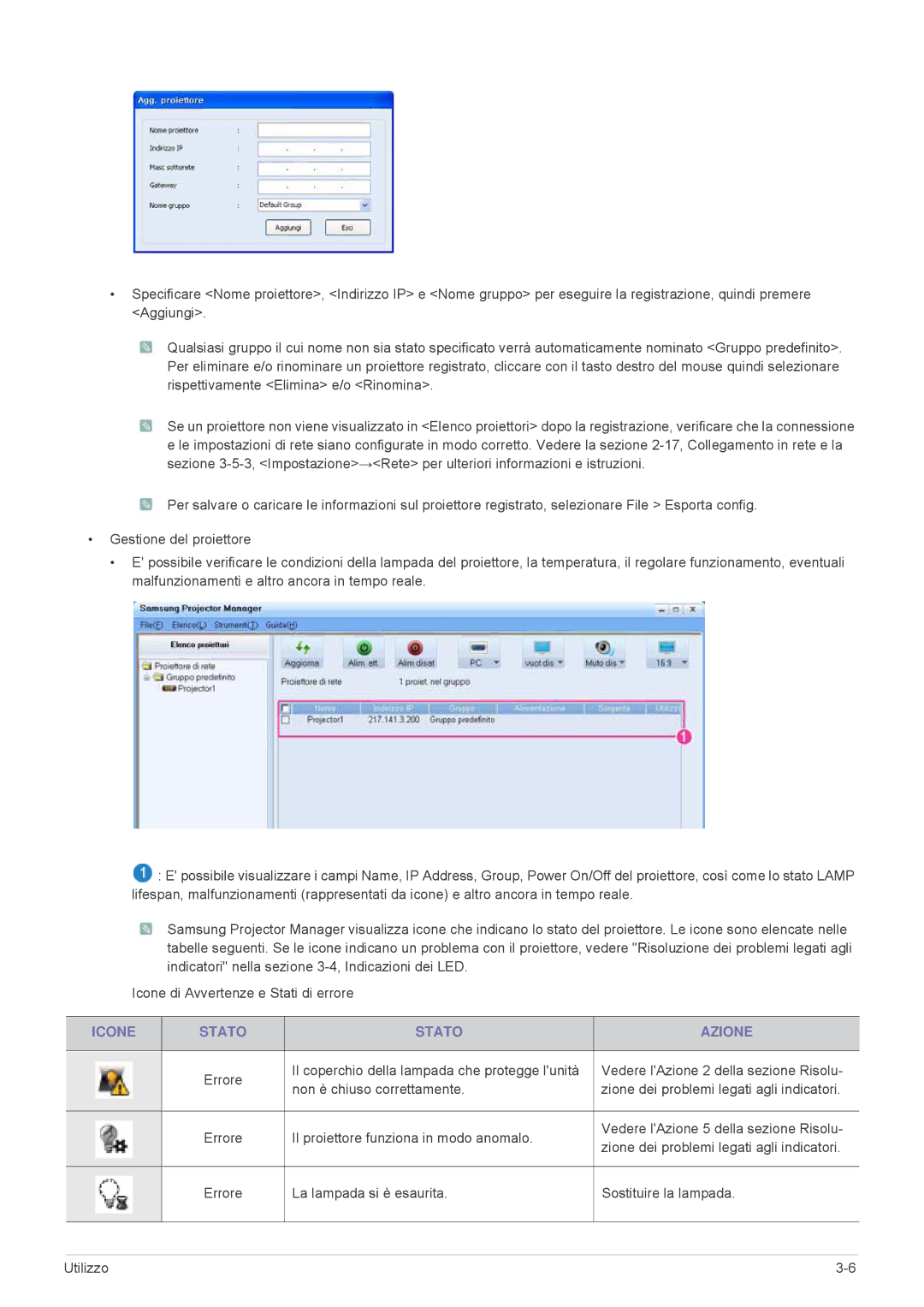 Samsung SP2553WWX/EN, SP2553XWX/EN manual Icone Stato Azione 