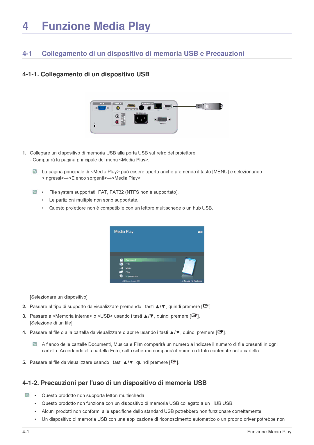 Samsung SP2553XWX/EN manual Collegamento di un dispositivo di memoria USB e Precauzioni, Collegamento di un dispositivo USB 