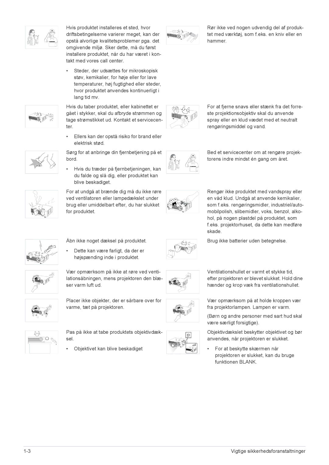 Samsung SP2553WWX/EN, SP2553XWX/EN manual Vigtige sikkerhedsforanstaltninger 