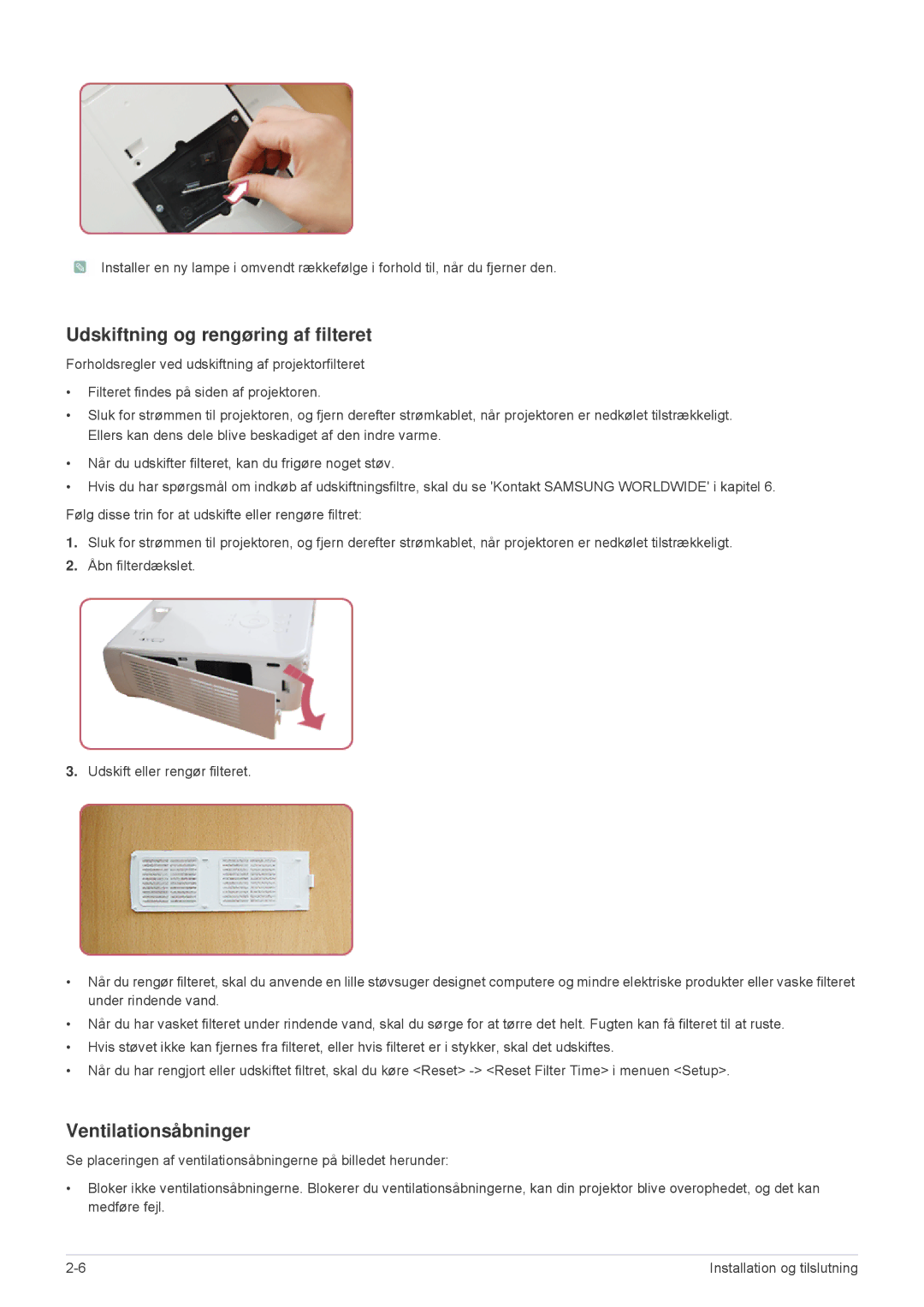 Samsung SP2553WWX/EN, SP2553XWX/EN manual Udskiftning og rengøring af filteret, Ventilationsåbninger 