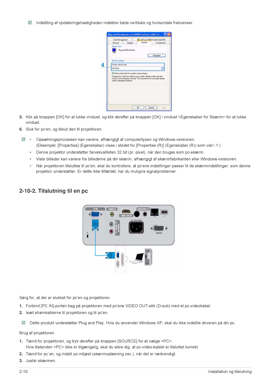 Samsung SP2553WWX/EN, SP2553XWX/EN manual Tilslutning til en pc 