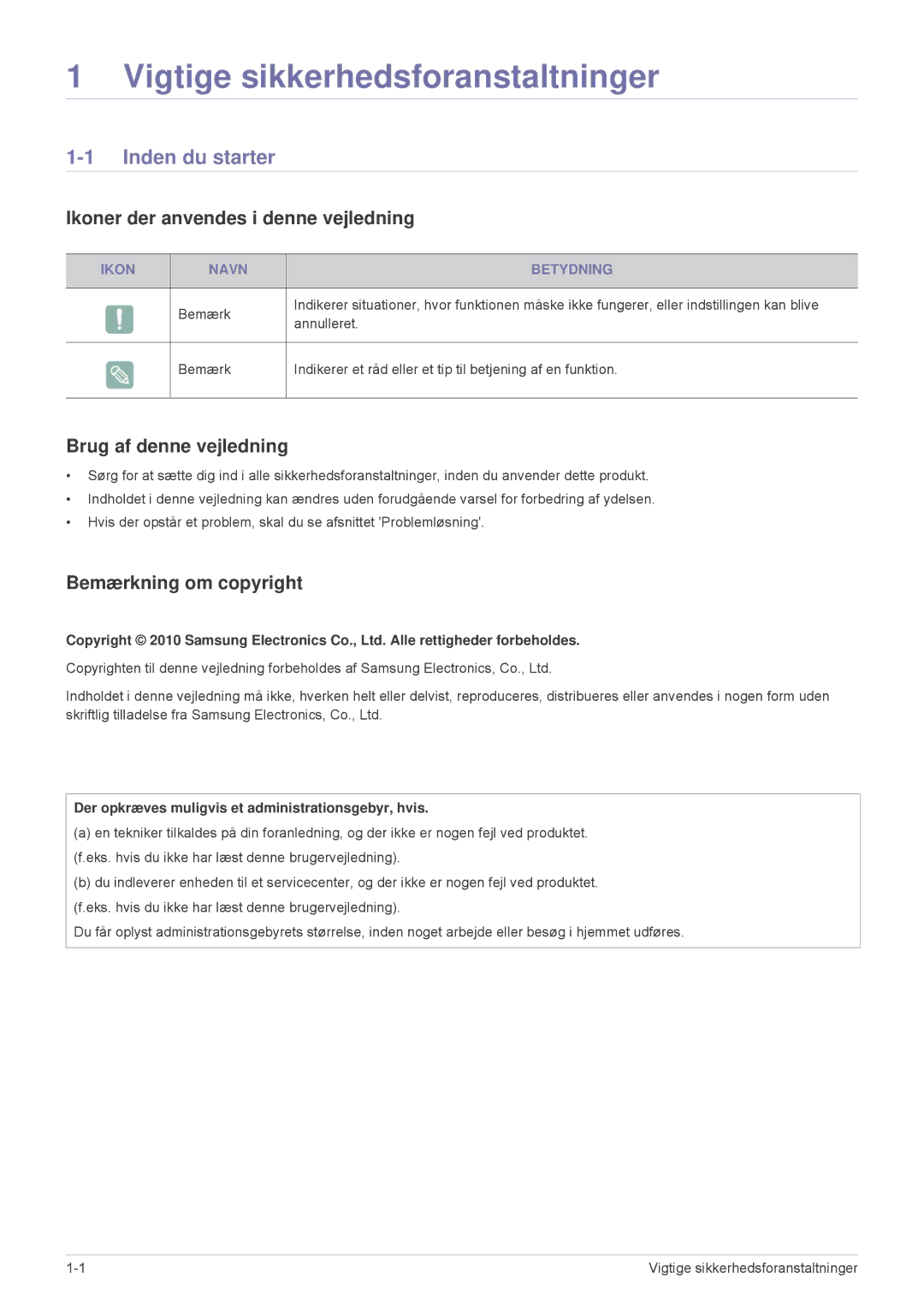 Samsung SP2553WWX/EN, SP2553XWX/EN manual Inden du starter, Ikoner der anvendes i denne vejledning, Brug af denne vejledning 