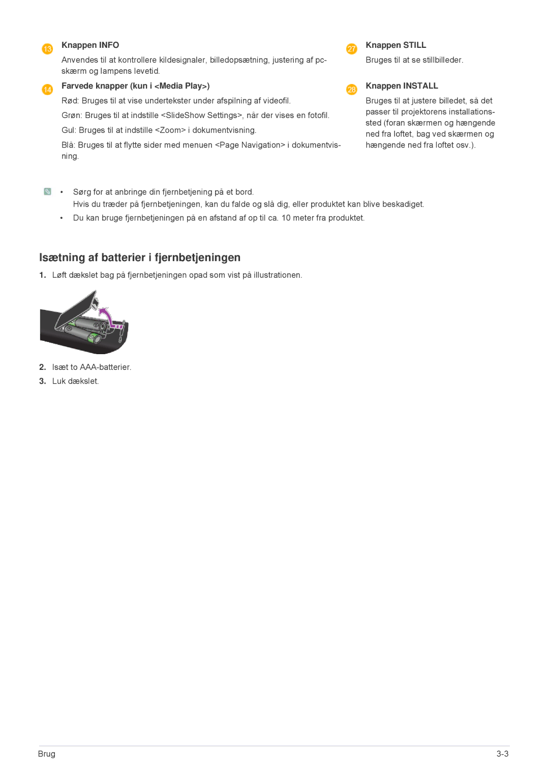 Samsung SP2553WWX/EN manual Isætning af batterier i fjernbetjeningen, Knappen Info, Farvede knapper kun i Media Play 