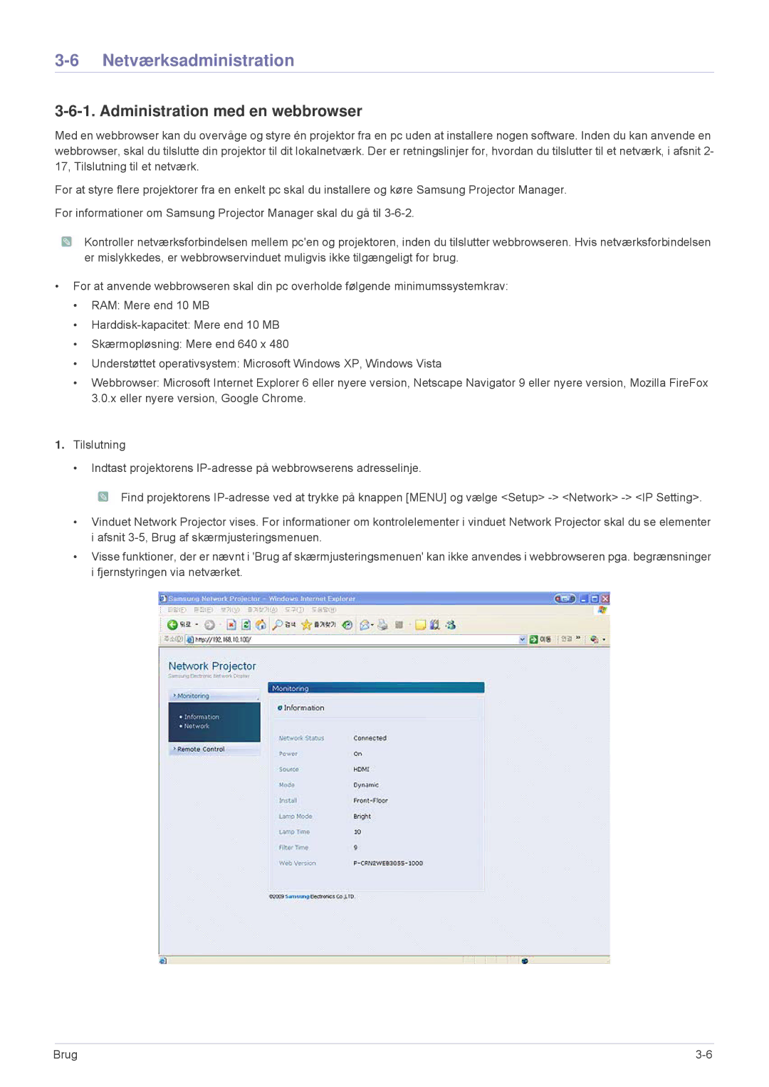 Samsung SP2553WWX/EN, SP2553XWX/EN manual Netværksadministration, Administration med en webbrowser 