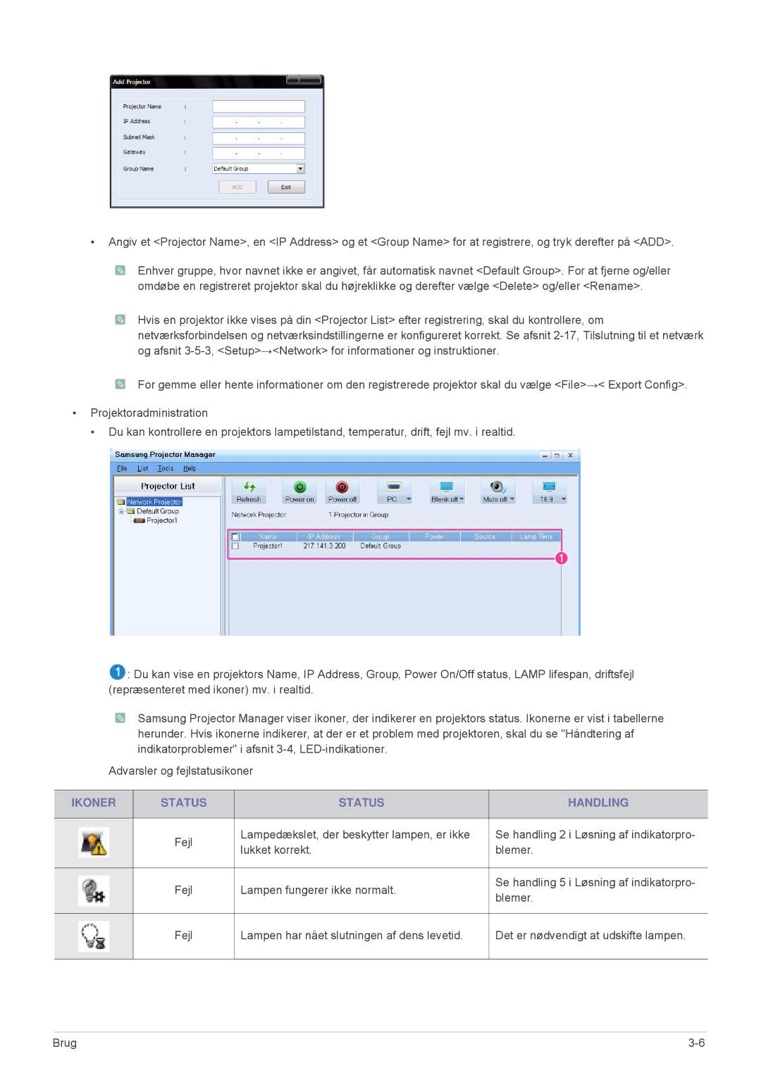 Samsung SP2553WWX/EN, SP2553XWX/EN manual Ikoner Status Handling 