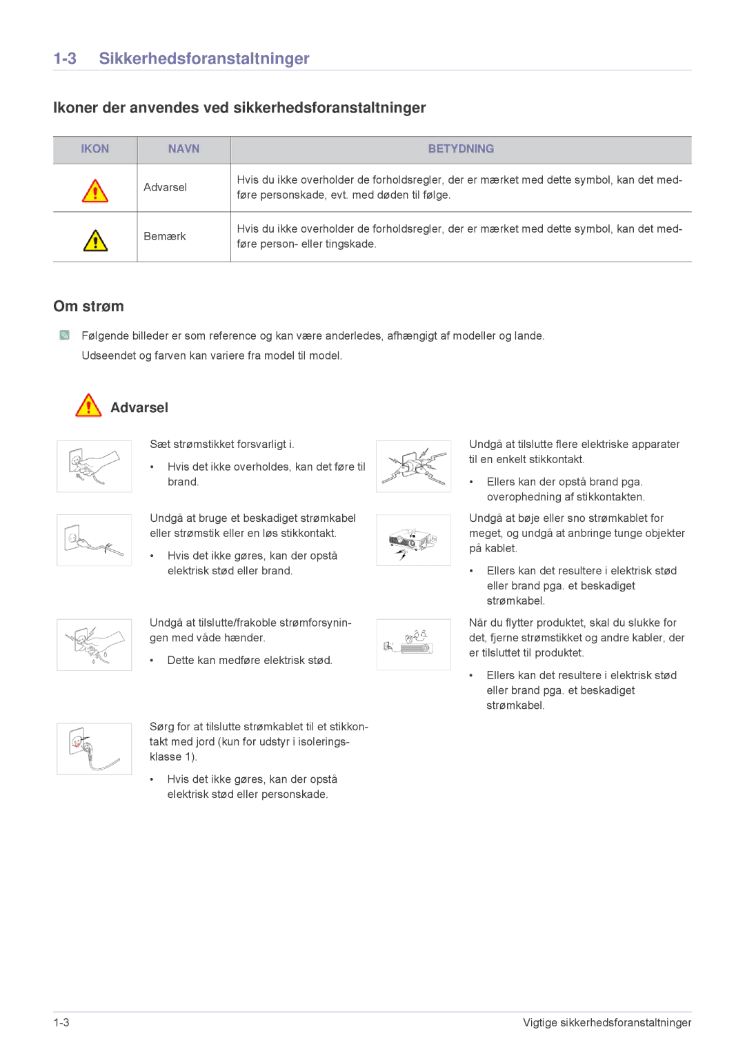 Samsung SP2553WWX/EN manual Sikkerhedsforanstaltninger, Ikoner der anvendes ved sikkerhedsforanstaltninger, Om strøm 