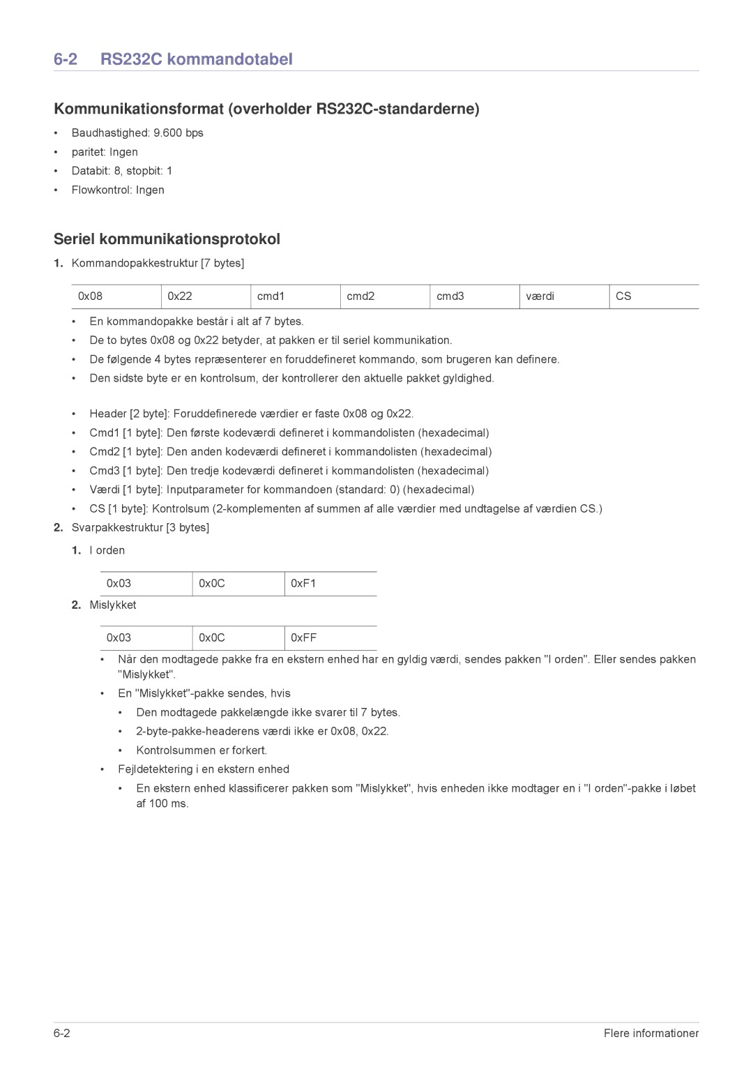 Samsung SP2553XWX/EN, SP2553WWX/EN manual RS232C kommandotabel, Kommunikationsformat overholder RS232C-standarderne 