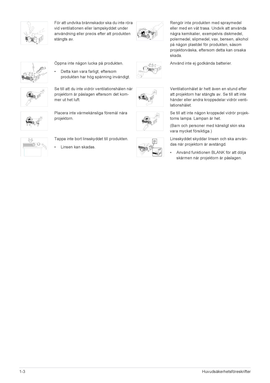 Samsung SP2553WWX/EN, SP2553XWX/EN manual Huvudsäkerhetsföreskrifter 