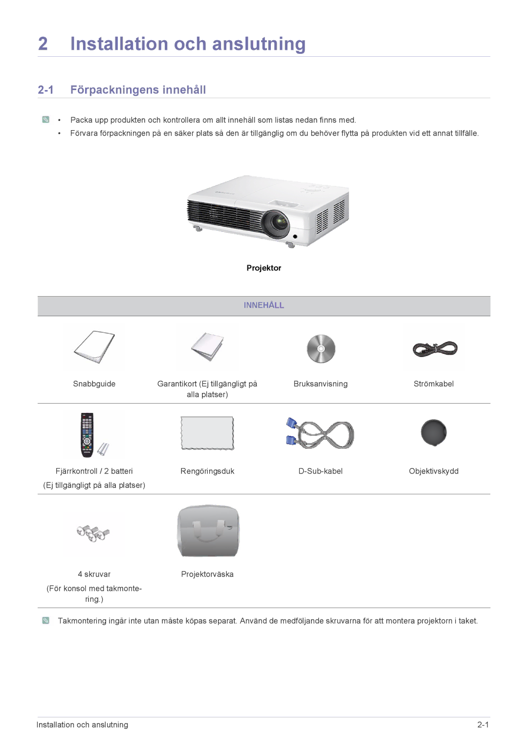 Samsung SP2553XWX/EN, SP2553WWX/EN manual Förpackningens innehåll, Innehåll 