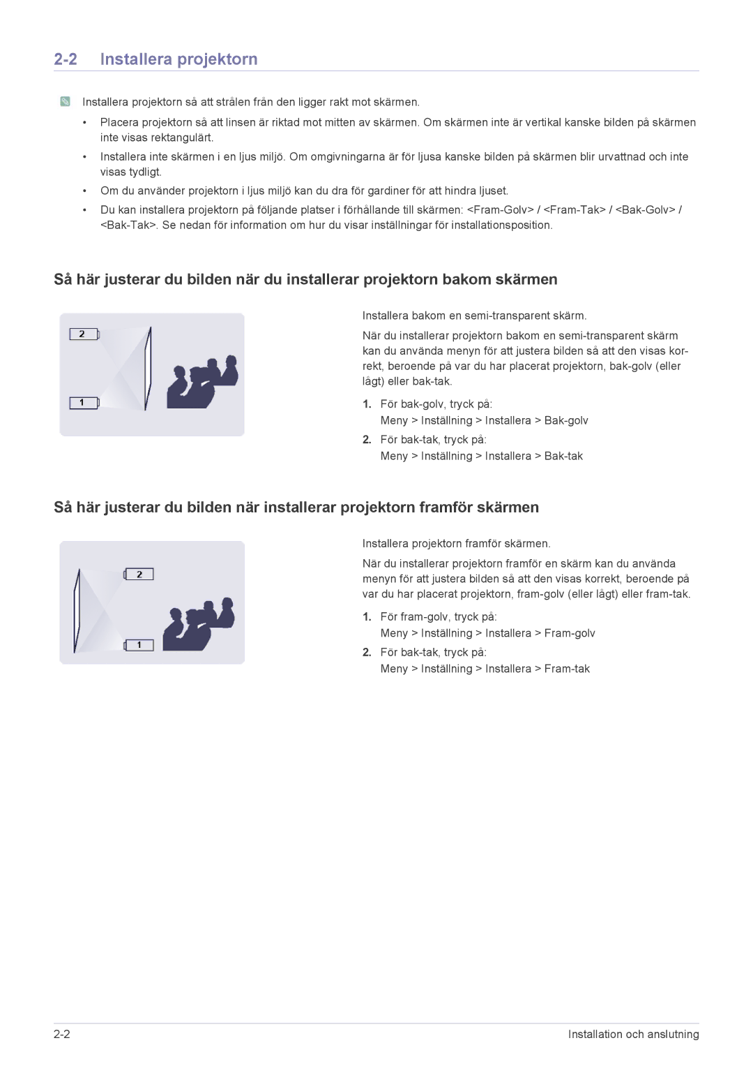 Samsung SP2553WWX/EN, SP2553XWX/EN manual Installera projektorn framför skärmen 