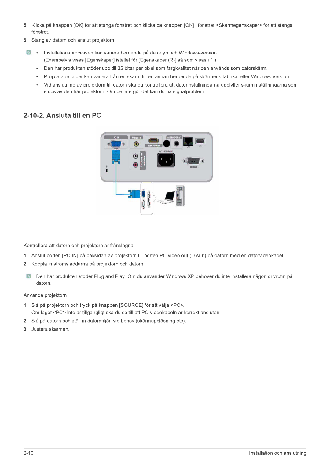 Samsung SP2553WWX/EN, SP2553XWX/EN manual Ansluta till en PC 