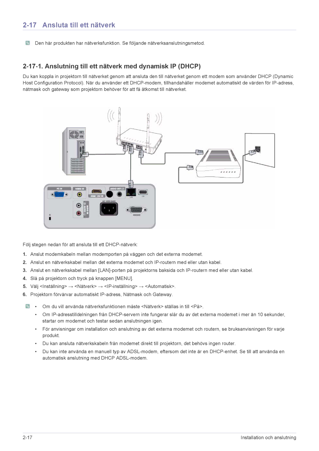 Samsung SP2553WWX/EN, SP2553XWX/EN manual Ansluta till ett nätverk, Anslutning till ett nätverk med dynamisk IP Dhcp 