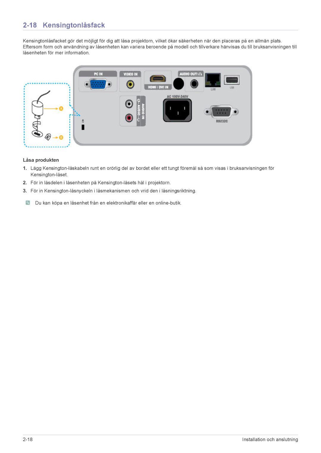 Samsung SP2553WWX/EN, SP2553XWX/EN manual Kensingtonlåsfack, Låsa produkten 