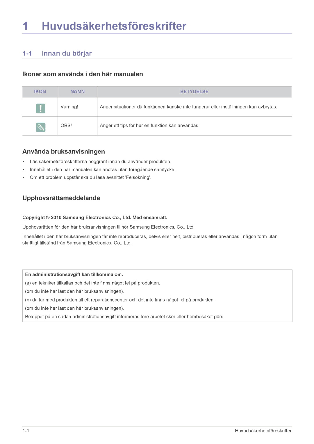 Samsung SP2553WWX/EN Innan du börjar, Ikoner som används i den här manualen, Använda bruksanvisningen, Ikon Namn Betydelse 