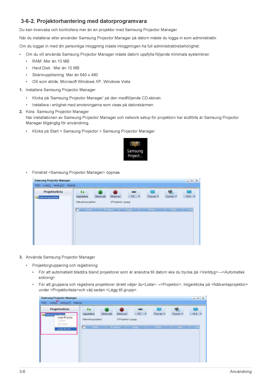 Samsung SP2553XWX/EN, SP2553WWX/EN manual Projektorhantering med datorprogramvara 