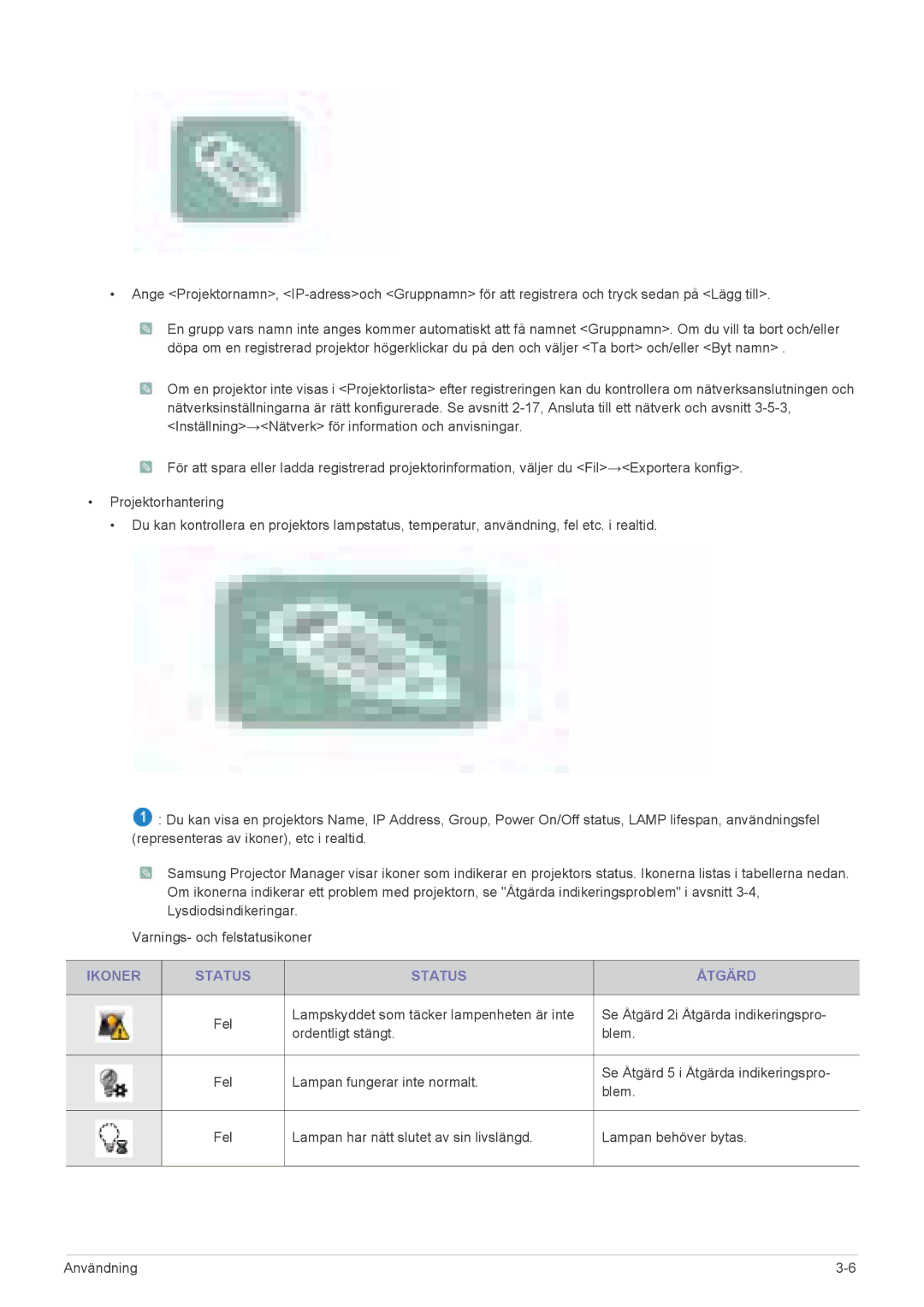 Samsung SP2553WWX/EN, SP2553XWX/EN manual Ikoner Status Åtgärd 