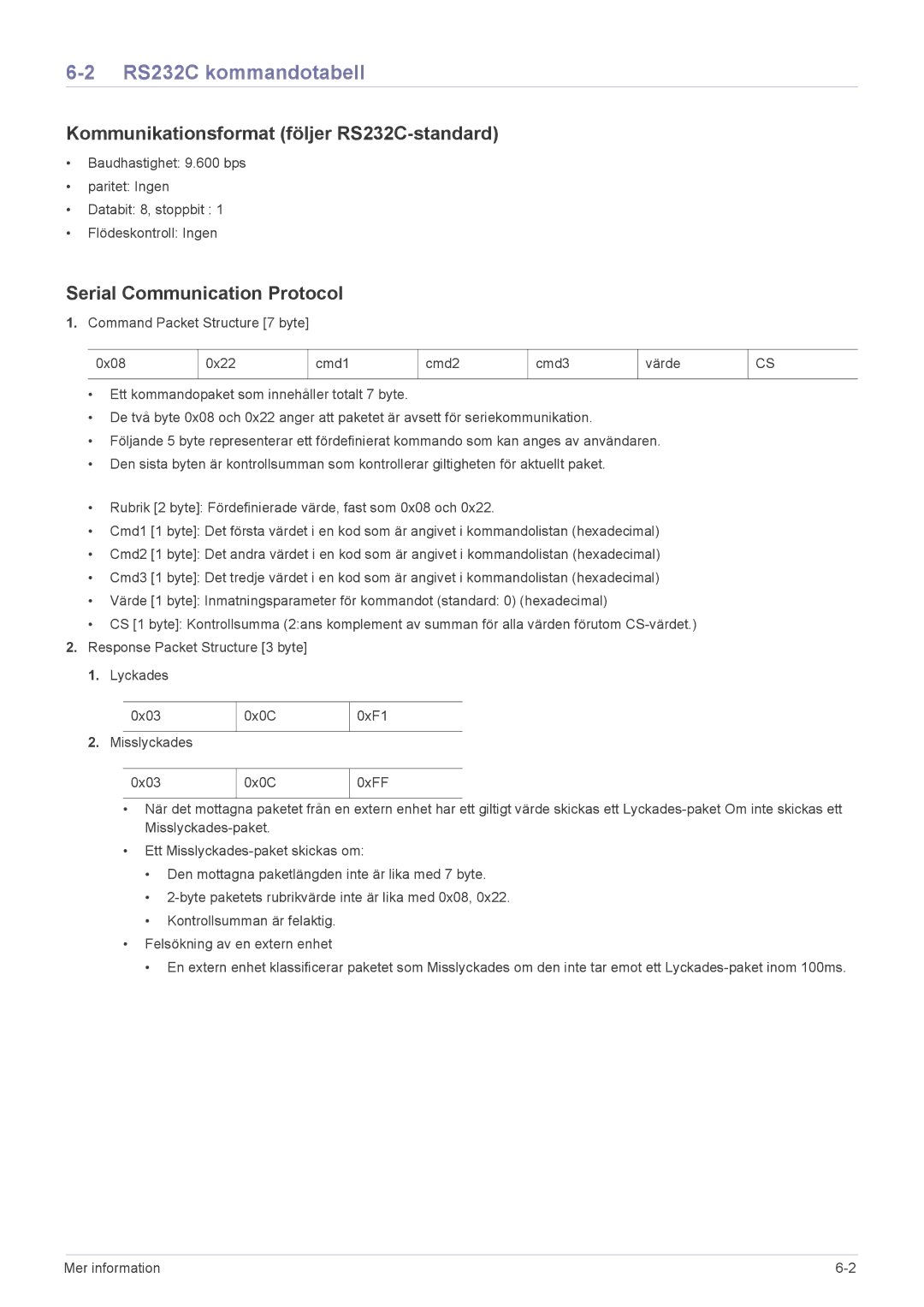 Samsung SP2553WWX/EN RS232C kommandotabell, Kommunikationsformat följer RS232C-standard, Serial Communication Protocol 