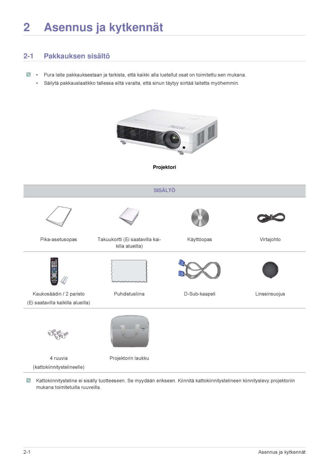 Samsung SP2553XWX/EN, SP2553WWX/EN manual Pakkauksen sisältö, Sisältö 