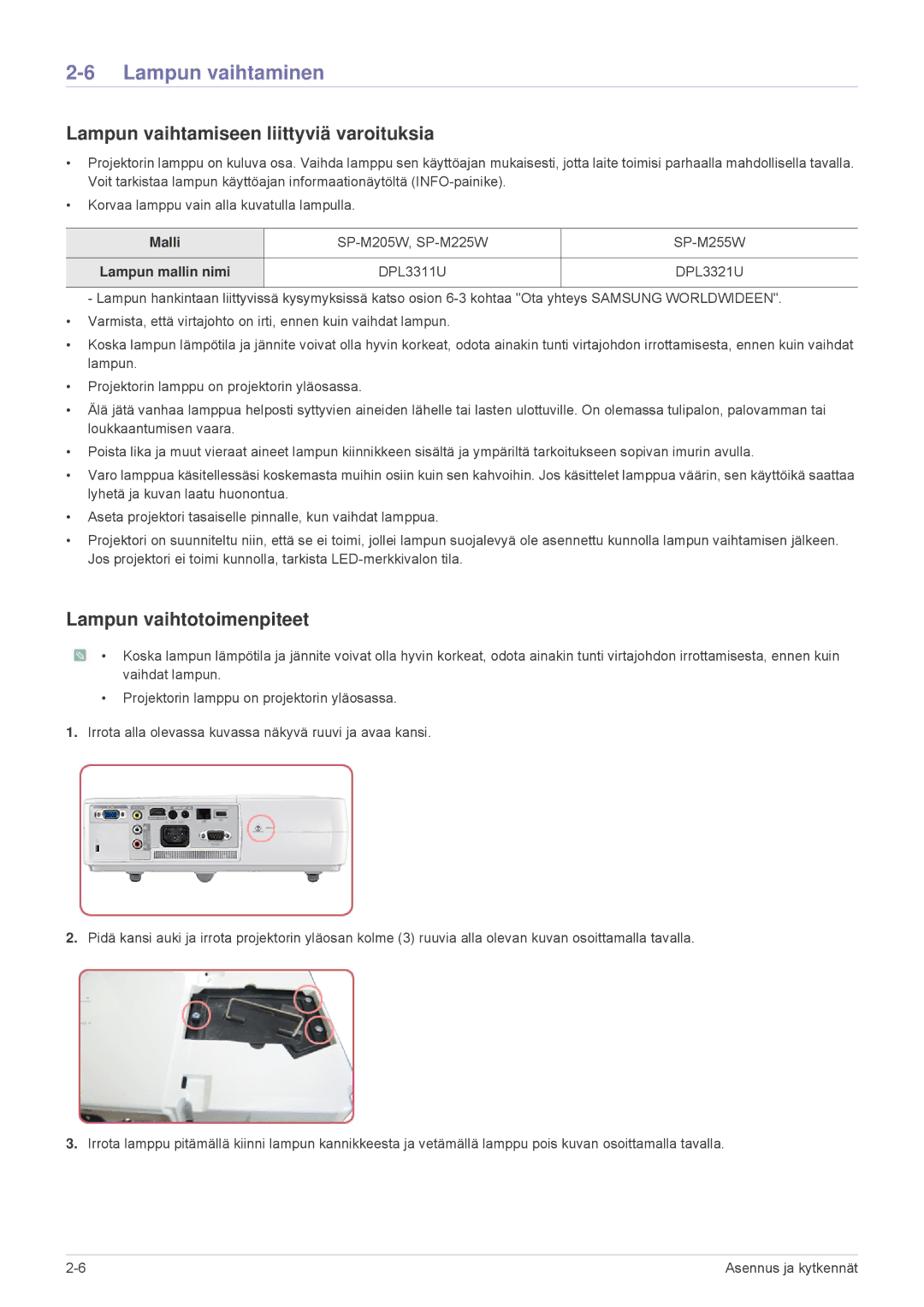 Samsung SP2553XWX/EN manual Lampun vaihtaminen, Lampun vaihtamiseen liittyviä varoituksia, Lampun vaihtotoimenpiteet, Malli 