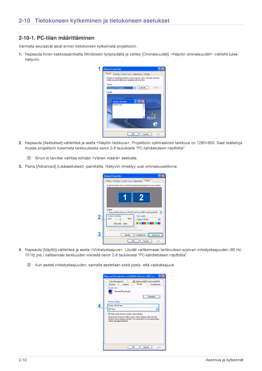 Samsung SP2553XWX/EN, SP2553WWX/EN manual Tietokoneen kytkeminen ja tietokoneen asetukset, PC-tilan määrittäminen 