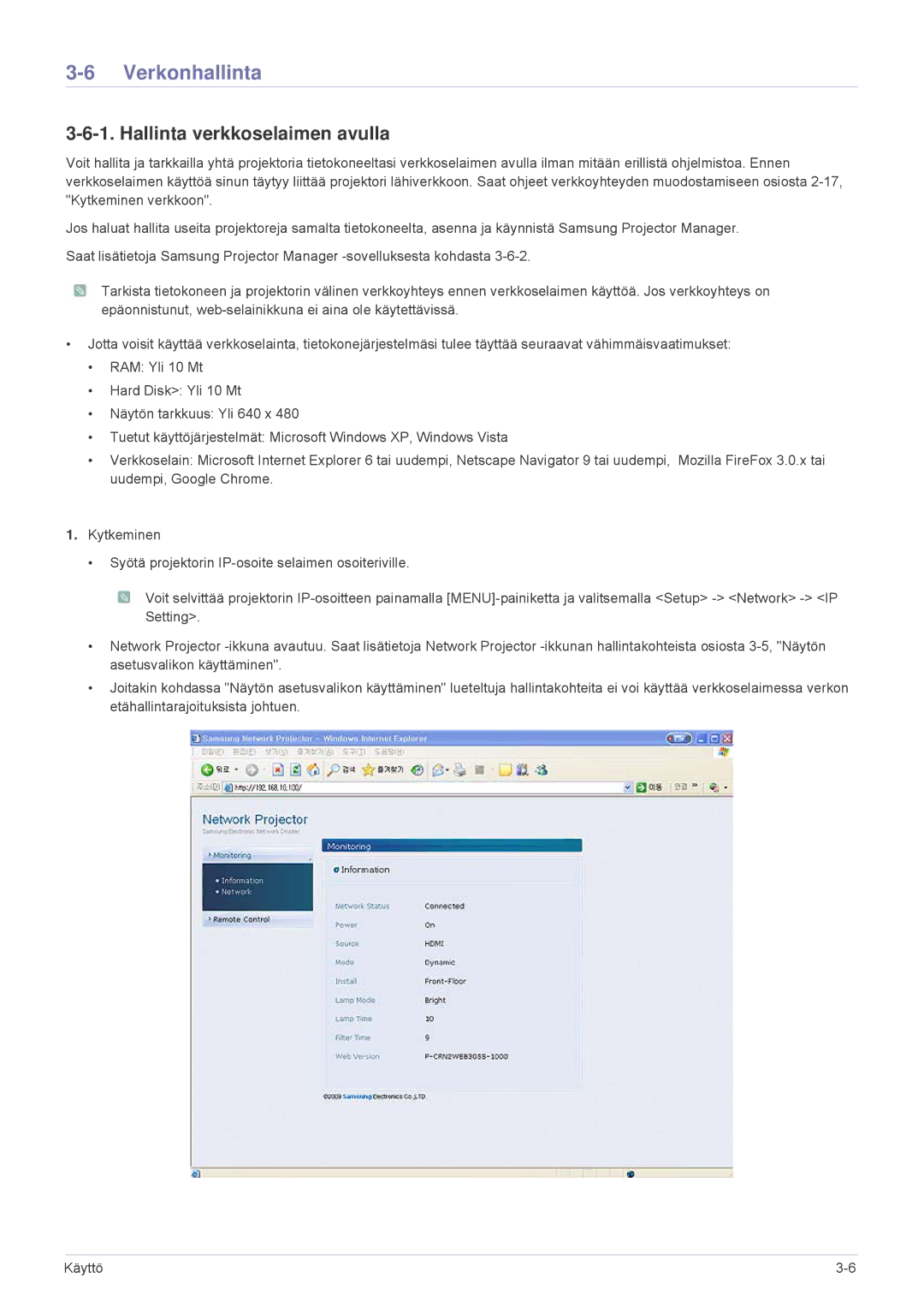 Samsung SP2553XWX/EN, SP2553WWX/EN manual Verkonhallinta, Hallinta verkkoselaimen avulla 