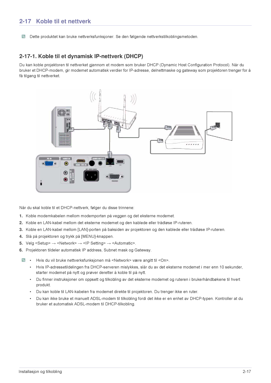 Samsung SP2553WWX/EN, SP2553XWX/EN manual Koble til et nettverk, Koble til et dynamisk IP-nettverk Dhcp 