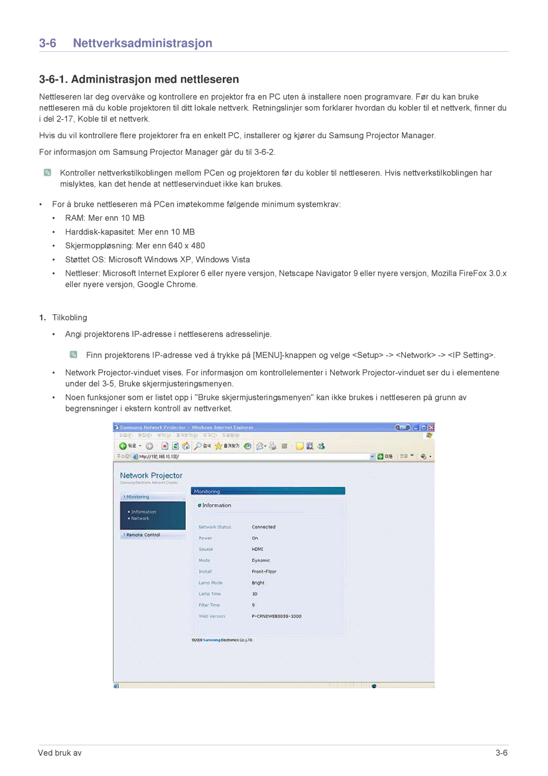 Samsung SP2553XWX/EN, SP2553WWX/EN manual Nettverksadministrasjon, Administrasjon med nettleseren 