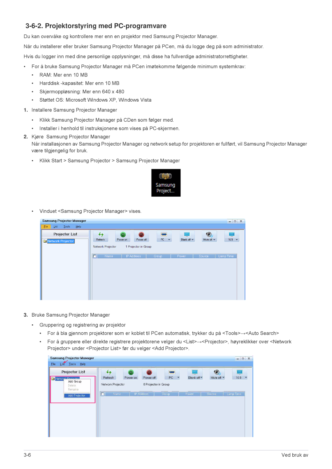 Samsung SP2553WWX/EN, SP2553XWX/EN manual Projektorstyring med PC-programvare 