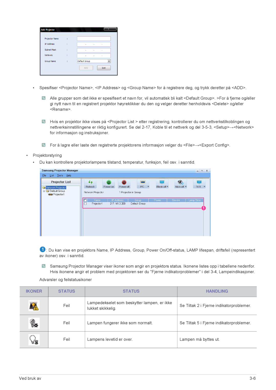 Samsung SP2553XWX/EN, SP2553WWX/EN manual Ikoner Status Handling 