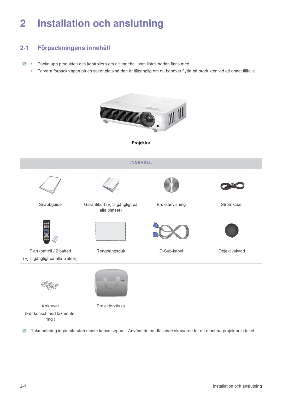 Samsung SP2553XWX/EN, SP2553WWX/EN manual Förpackningens innehåll, Innehåll 