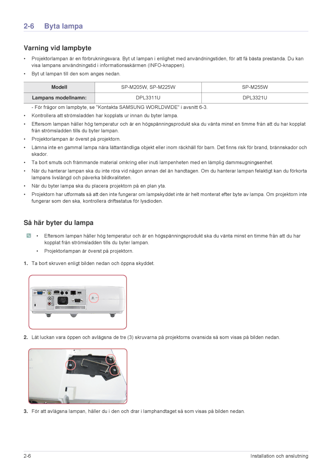 Samsung SP2553XWX/EN, SP2553WWX/EN Byta lampa, Varning vid lampbyte, Så här byter du lampa, Modell, Lampans modellnamn 