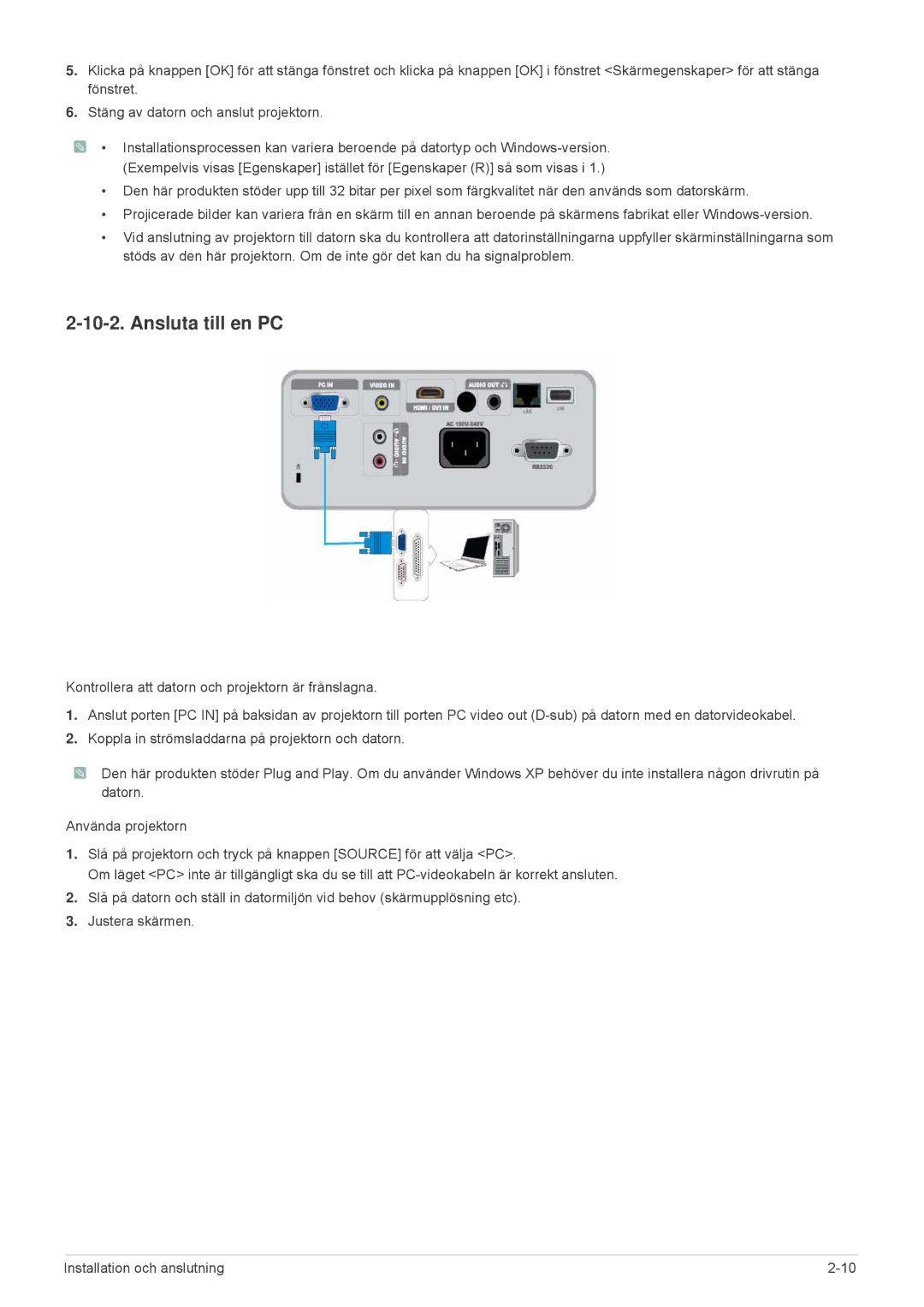 Samsung SP2553WWX/EN, SP2553XWX/EN manual Ansluta till en PC 