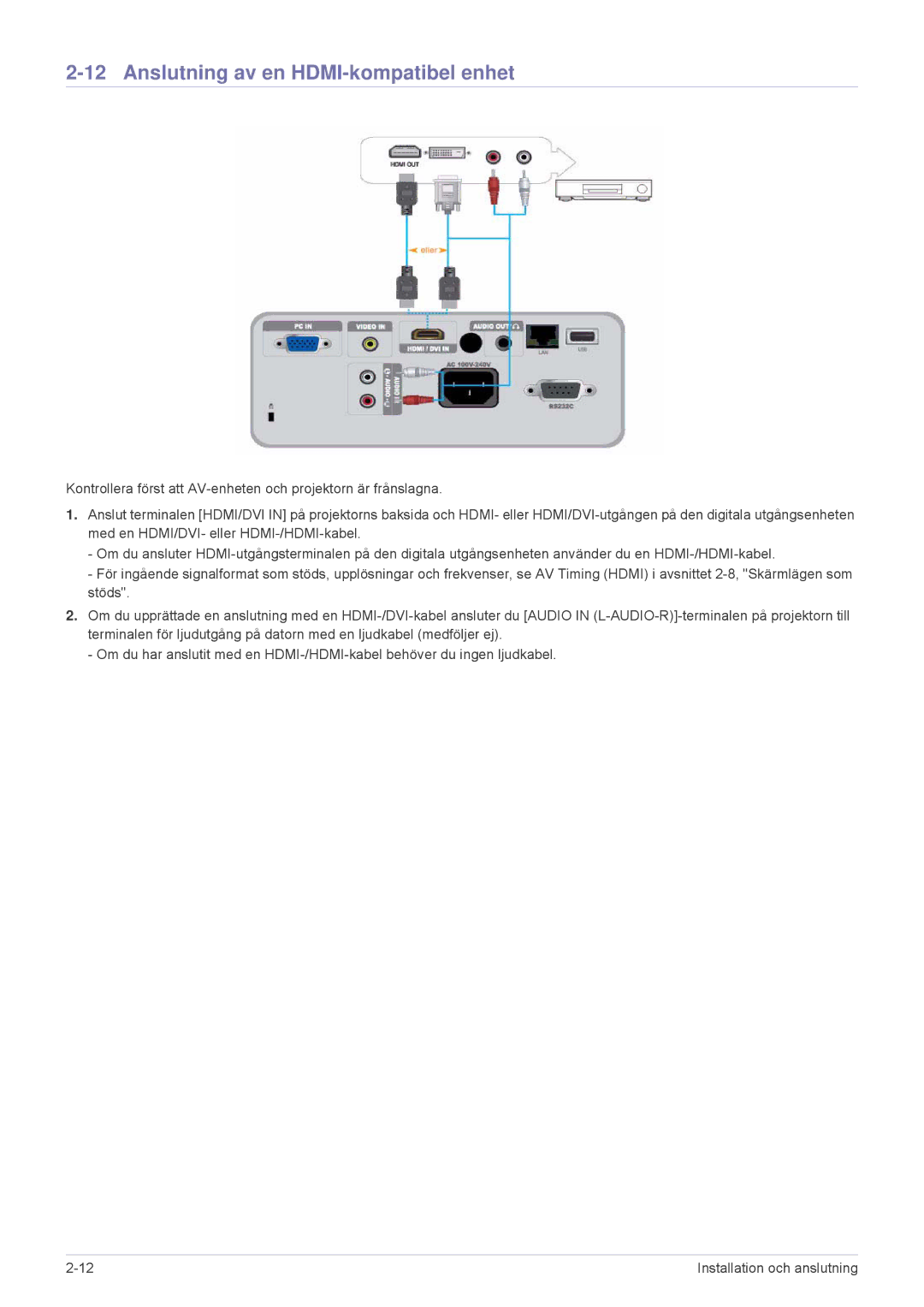 Samsung SP2553XWX/EN, SP2553WWX/EN manual Anslutning av en HDMI-kompatibel enhet 