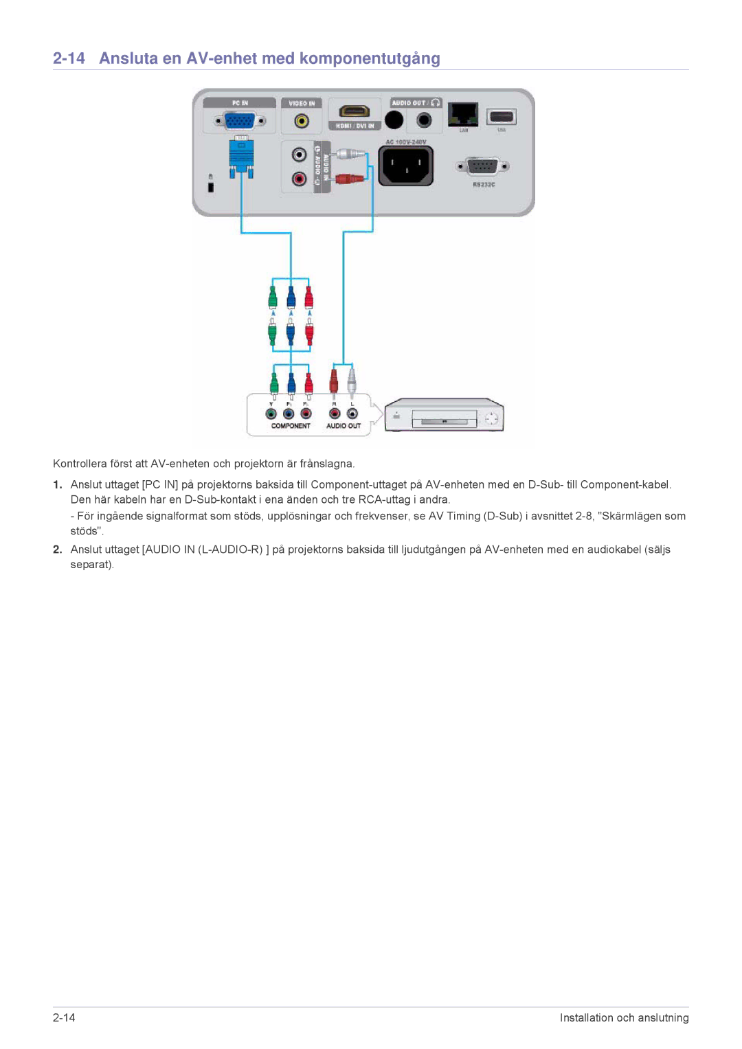 Samsung SP2553XWX/EN, SP2553WWX/EN manual Ansluta en AV-enhet med komponentutgång 