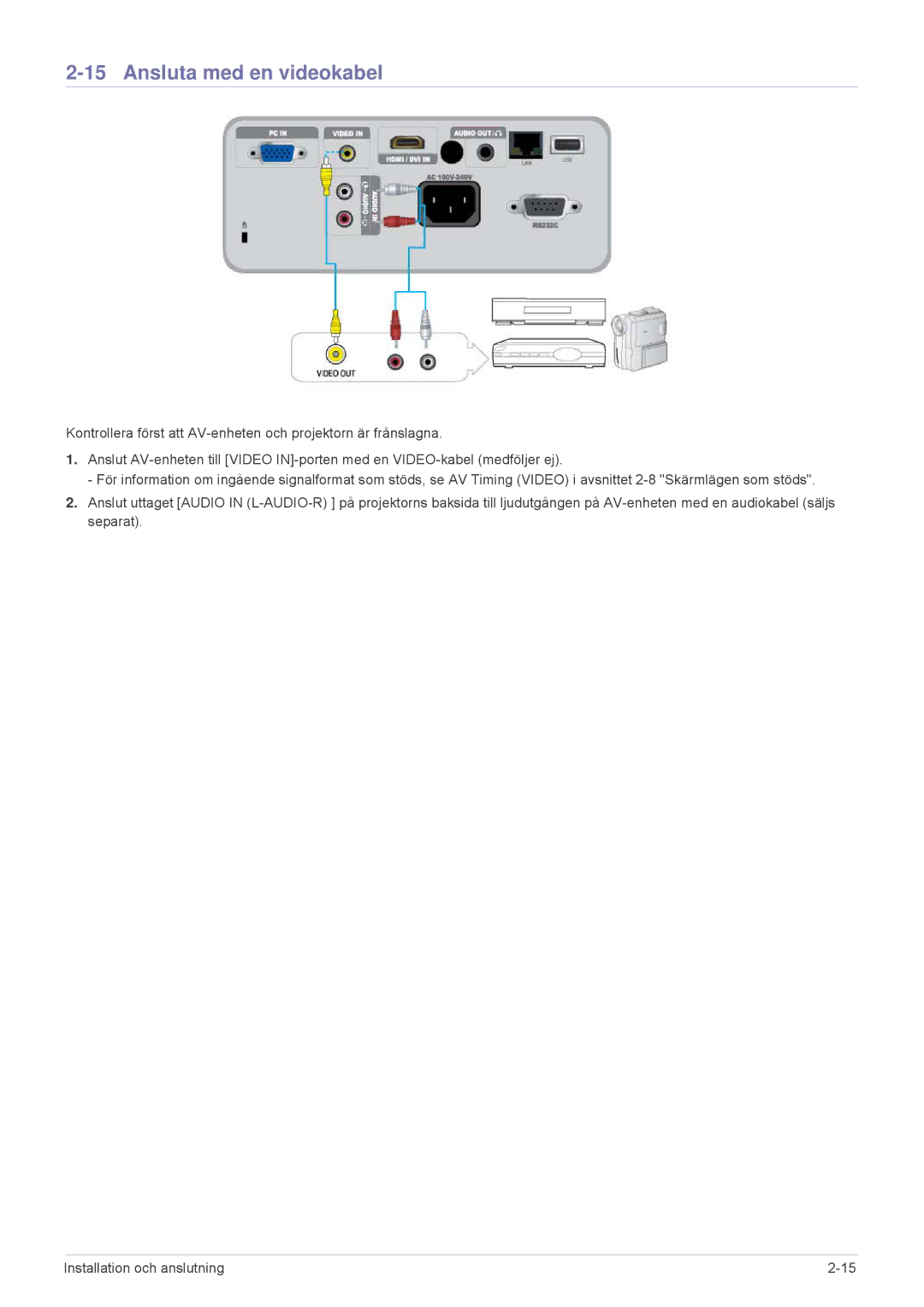 Samsung SP2553WWX/EN, SP2553XWX/EN manual Ansluta med en videokabel 