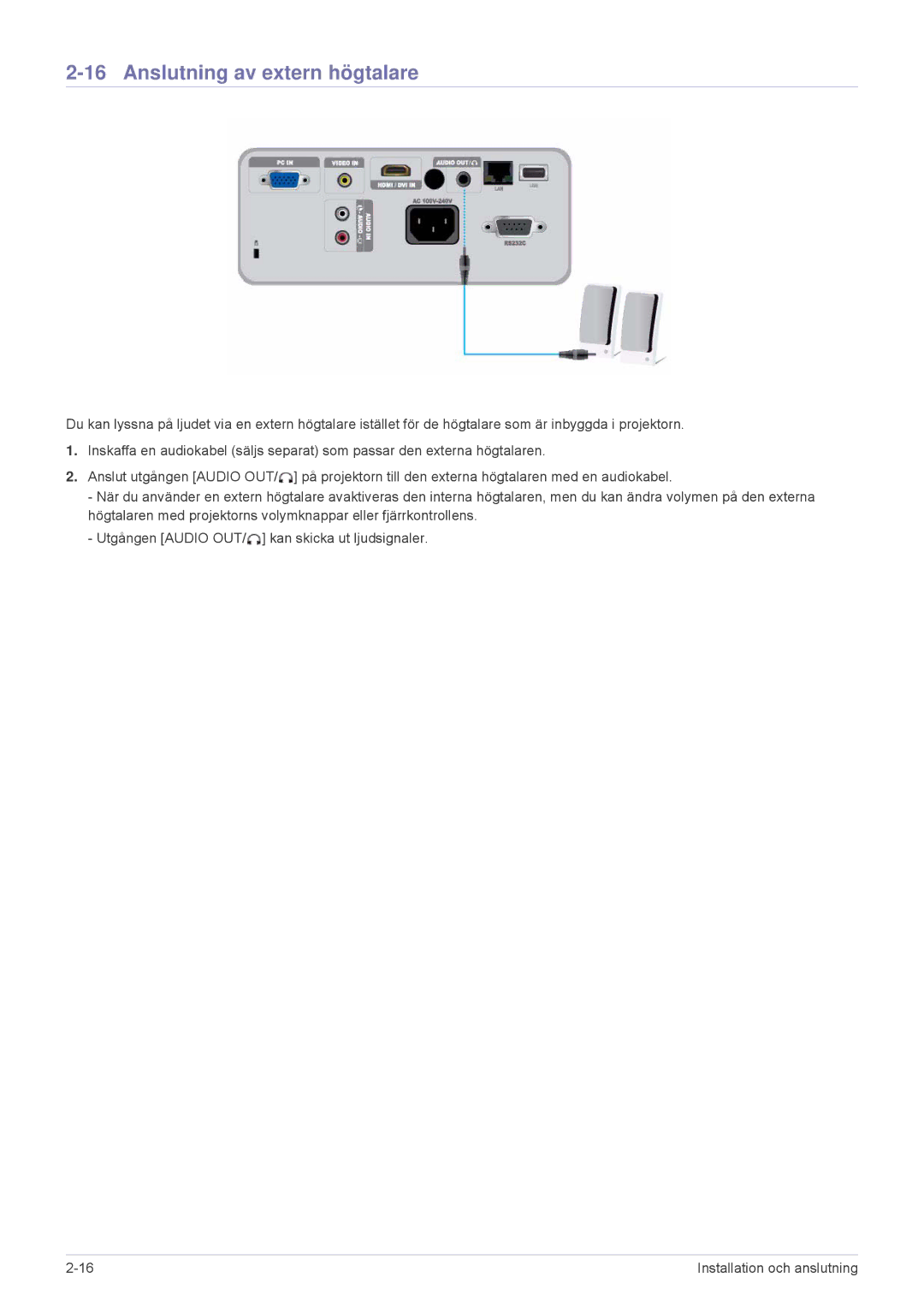 Samsung SP2553XWX/EN, SP2553WWX/EN manual Anslutning av extern högtalare 