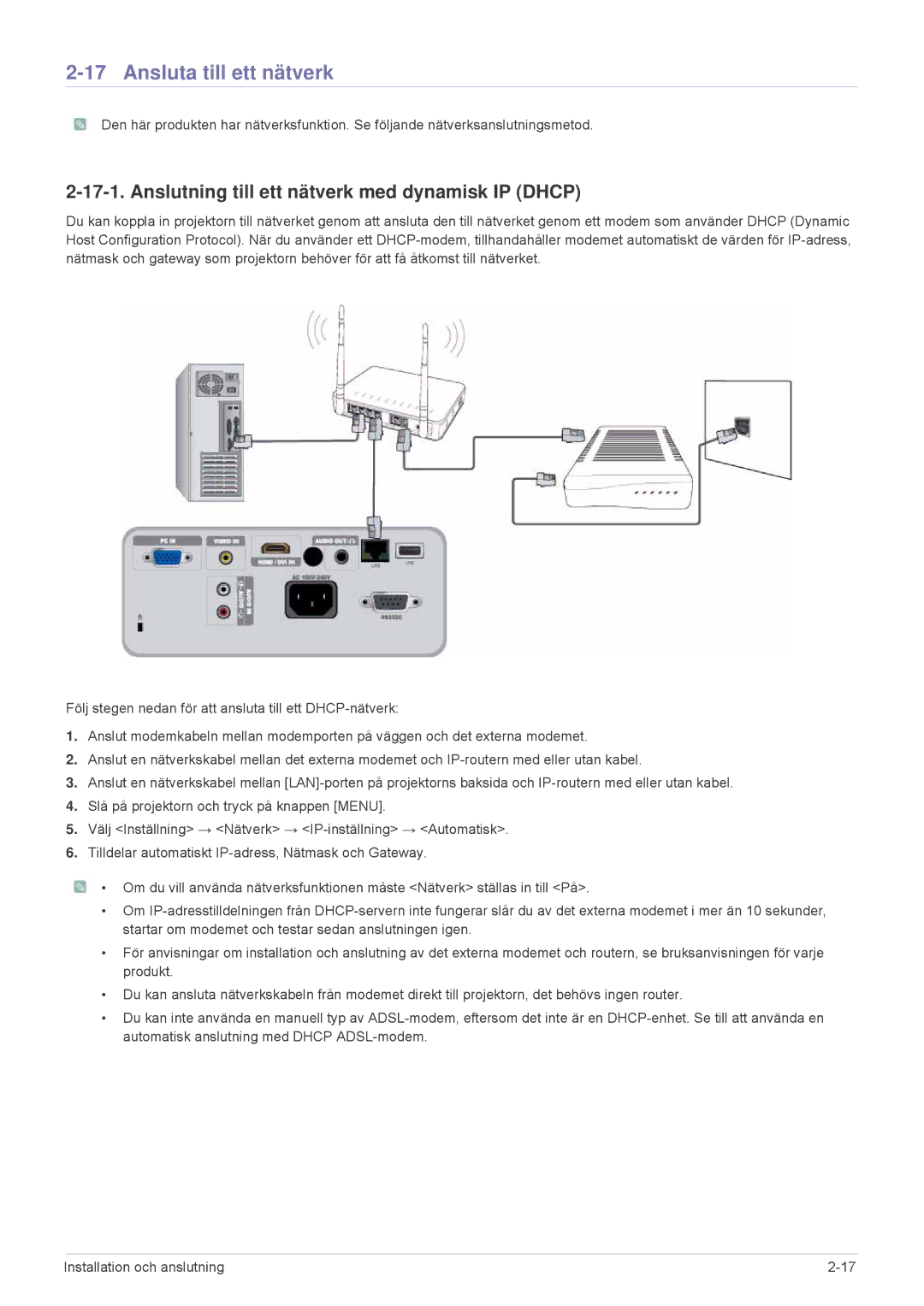 Samsung SP2553WWX/EN, SP2553XWX/EN manual Ansluta till ett nätverk, Anslutning till ett nätverk med dynamisk IP Dhcp 