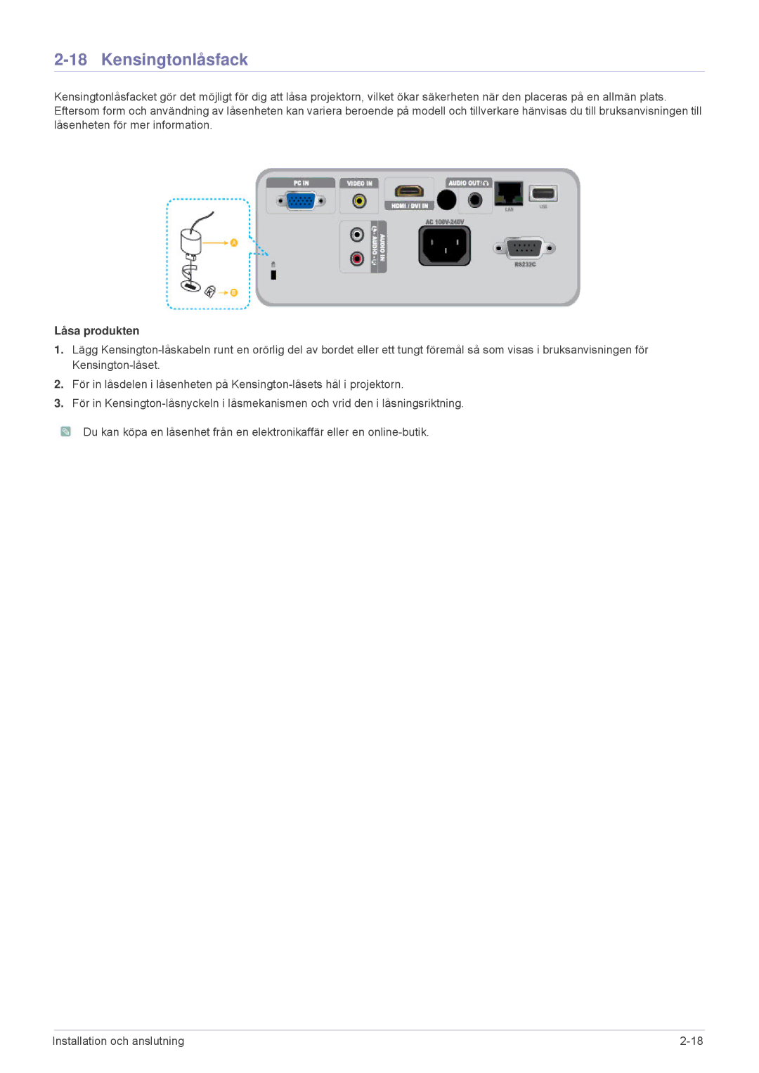 Samsung SP2553WWX/EN, SP2553XWX/EN manual Kensingtonlåsfack, Låsa produkten 