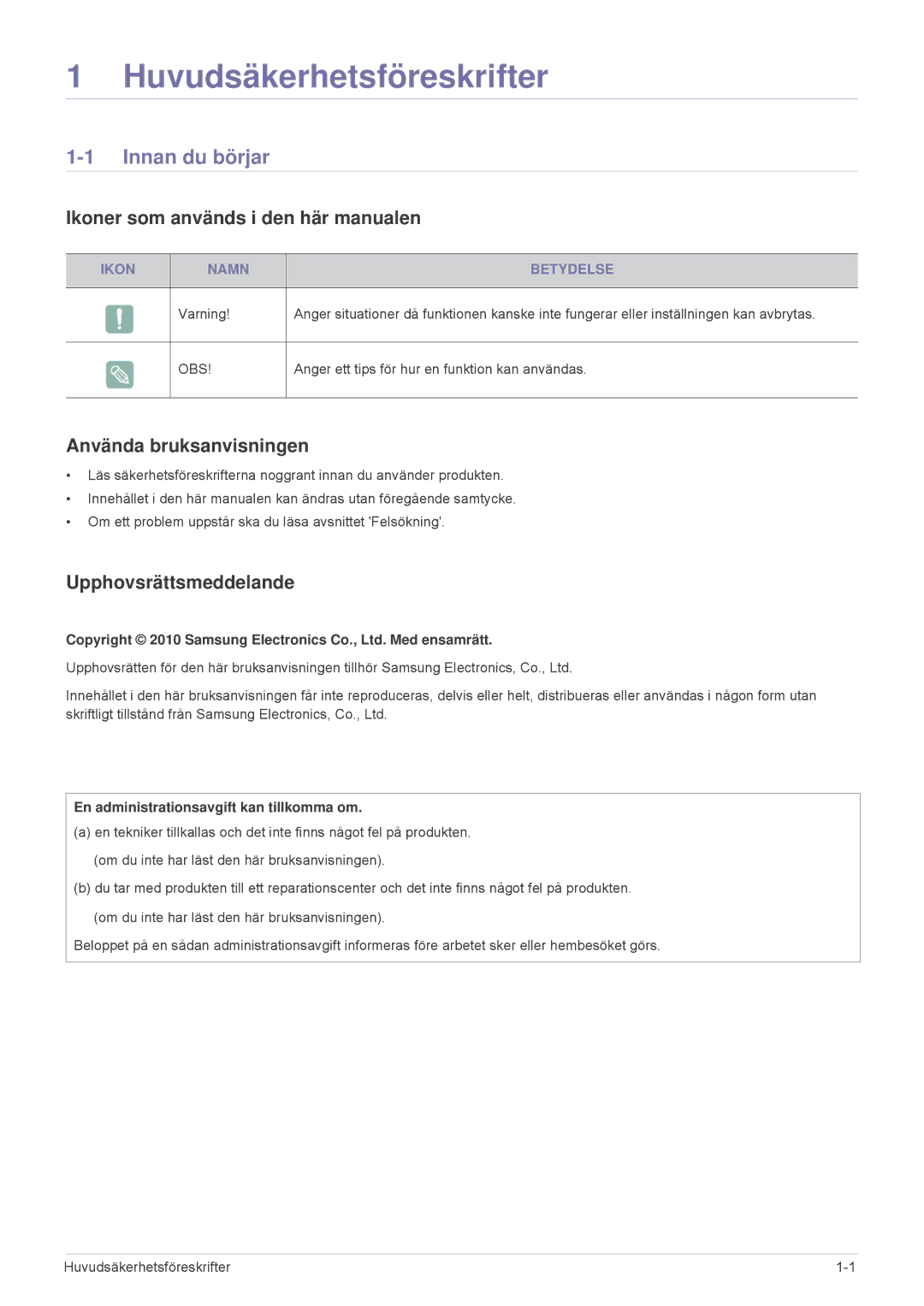 Samsung SP2553WWX/EN Innan du börjar, Ikoner som används i den här manualen, Använda bruksanvisningen, Ikon Namn Betydelse 