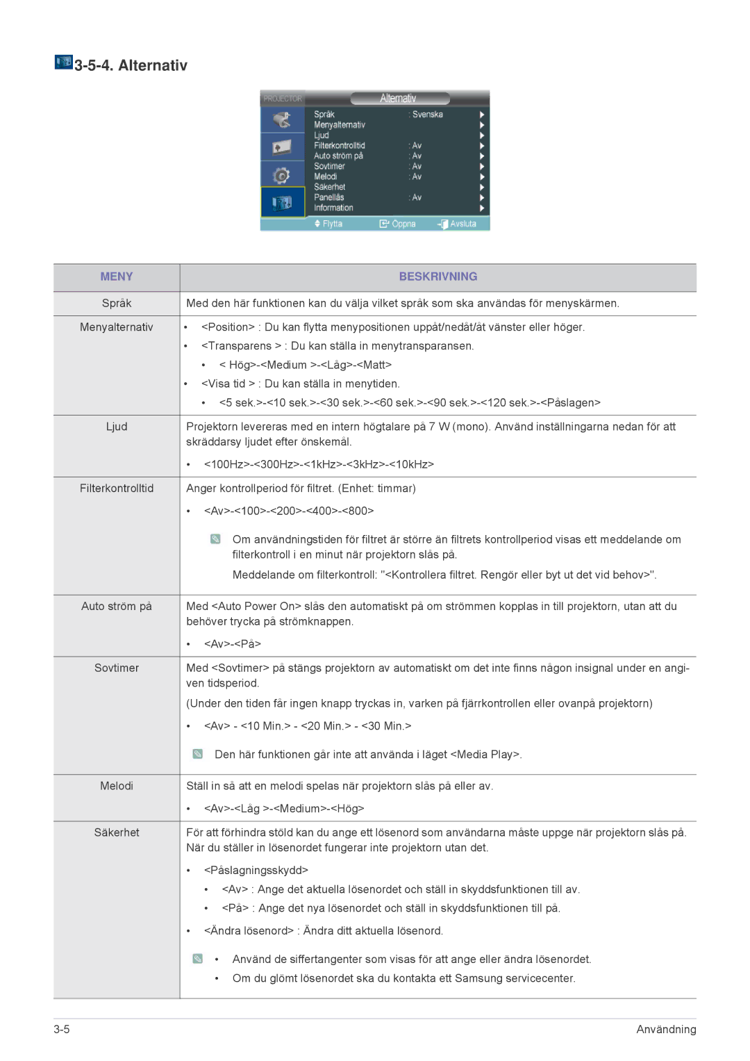 Samsung SP2553XWX/EN, SP2553WWX/EN manual Alternativ, Av-Låg -Medium-Hög 