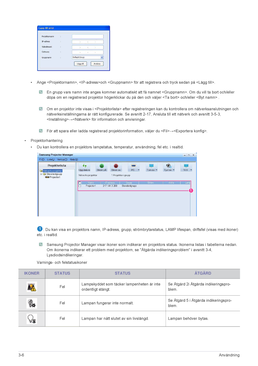 Samsung SP2553XWX/EN, SP2553WWX/EN manual Ikoner Status Åtgärd 