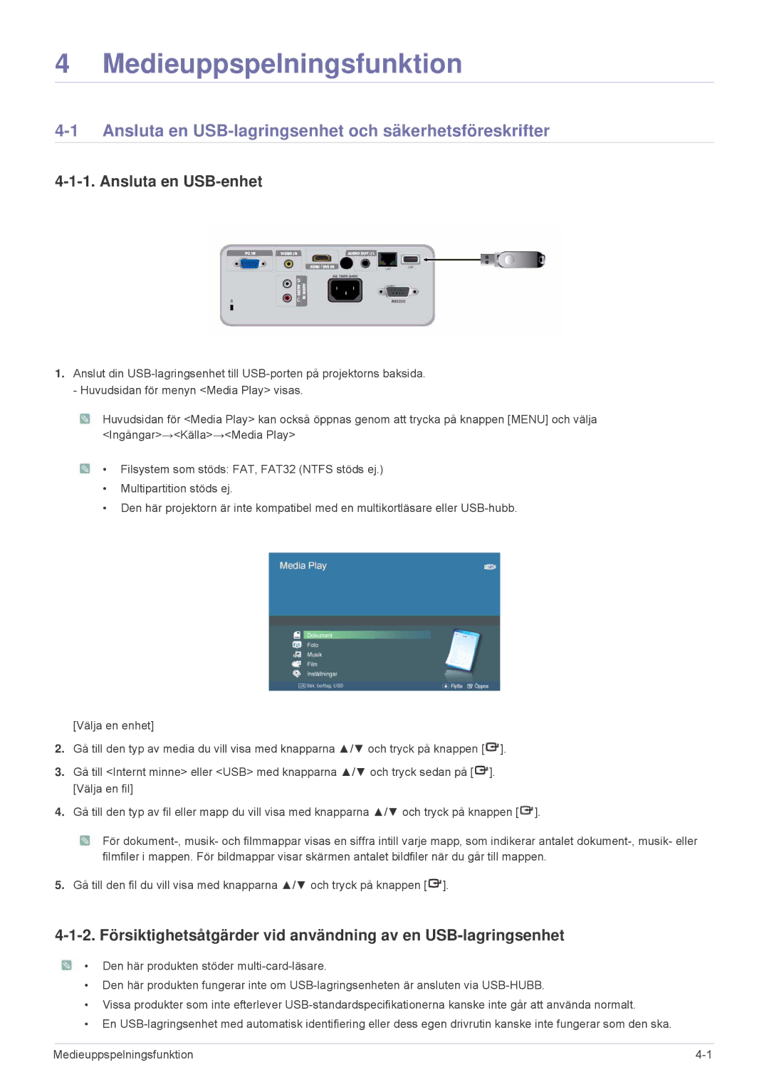 Samsung SP2553WWX/EN, SP2553XWX/EN manual Ansluta en USB-lagringsenhet och säkerhetsföreskrifter, Ansluta en USB-enhet 