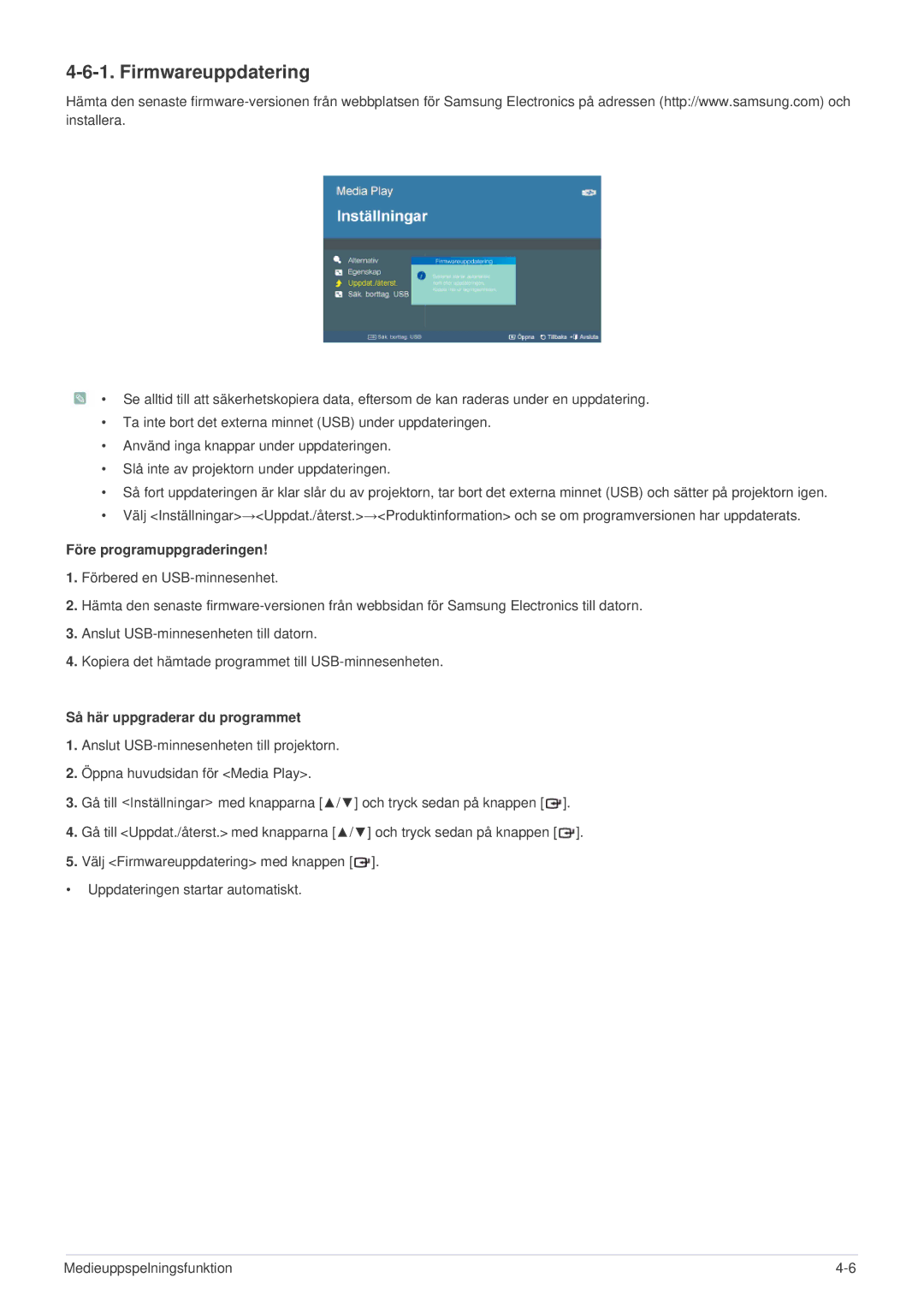 Samsung SP2553WWX/EN, SP2553XWX/EN manual Firmwareuppdatering, Före programuppgraderingen, Så här uppgraderar du programmet 