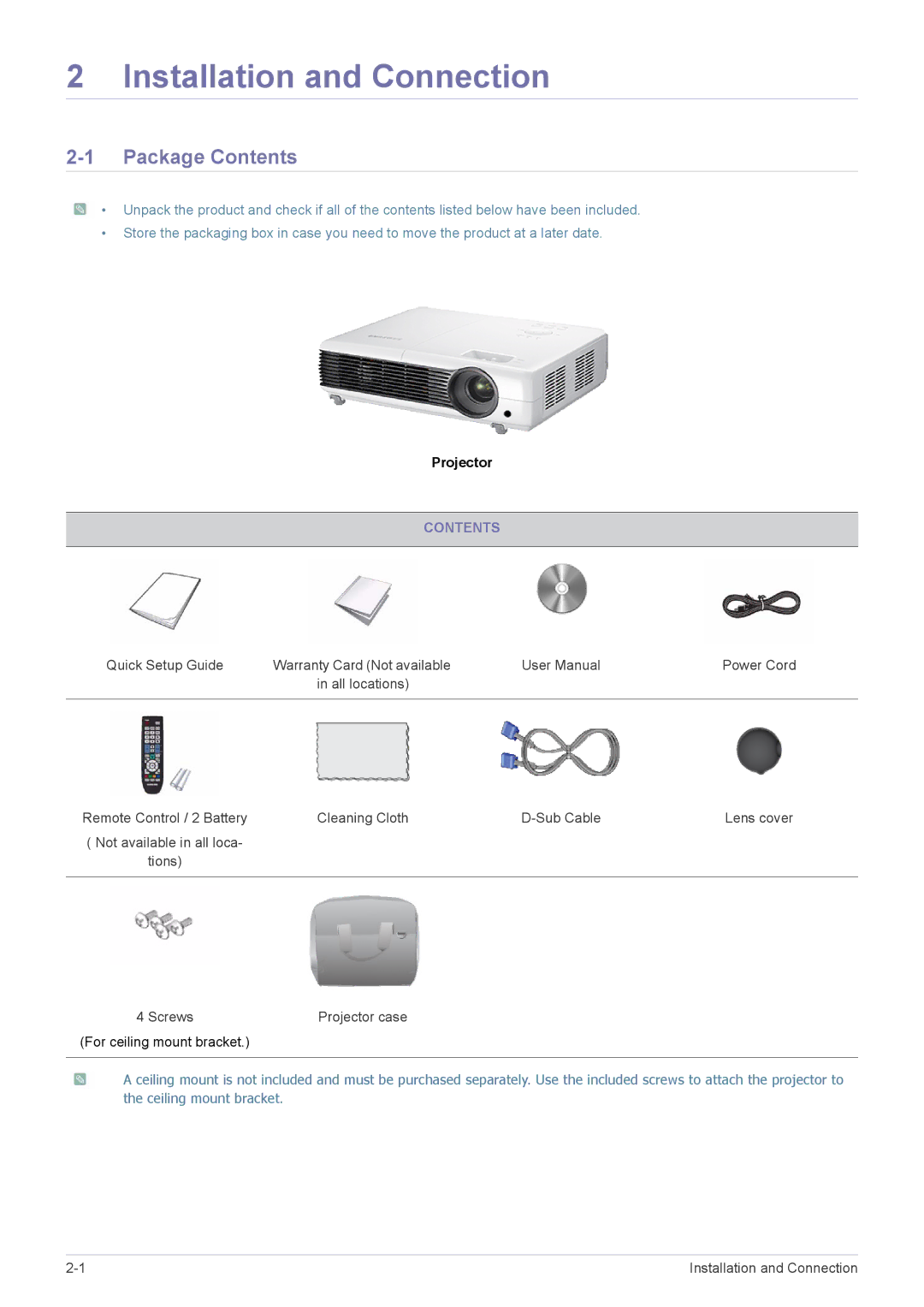 Samsung SP2553XWCX/NG, SP2553XWCX/EN, SP2253XWCX/EN manual Installation and Connection, Package Contents 