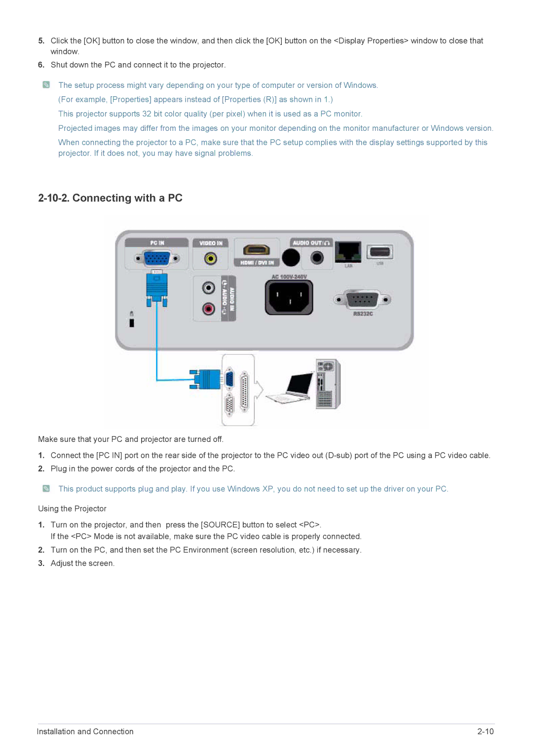 Samsung SP2553XWCX/NG, SP2553XWCX/EN, SP2253XWCX/EN manual Connecting with a PC 