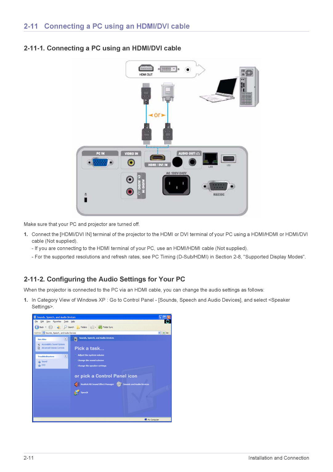 Samsung SP2553XWCX/EN, SP2253XWCX/EN Connecting a PC using an HDMI/DVI cable, Configuring the Audio Settings for Your PC 